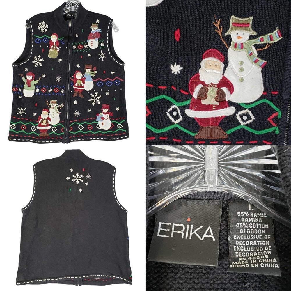 Vintage Erika Womens Sweater Vest Size Large L Snowman Christmas Full Zip